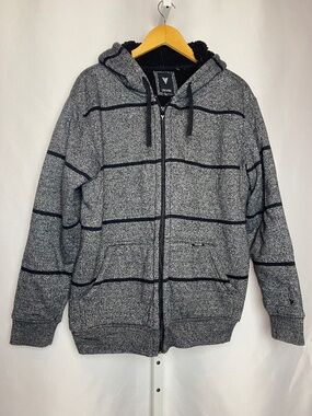 Univibe Menʻs Heather Gray | Black Sherpa Lined Striped Full Zip-up Hoodie Large